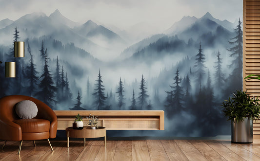 Misty Mountain Forest Renter Floral Wallpaper – lifestyle view, Golden Era Walls