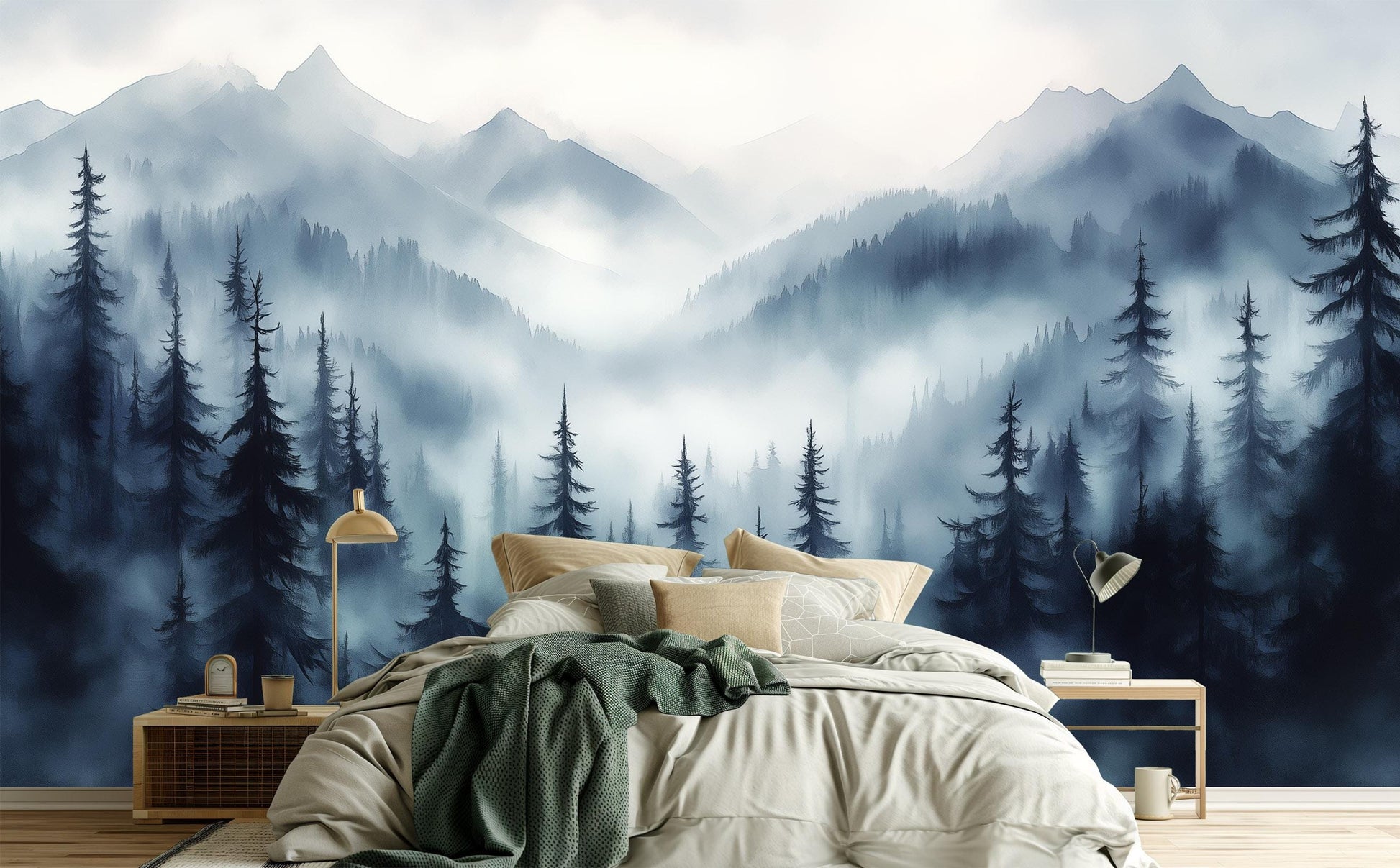 Misty Mountain Forest Renter Floral Wallpaper – detail view, Golden Era Walls
