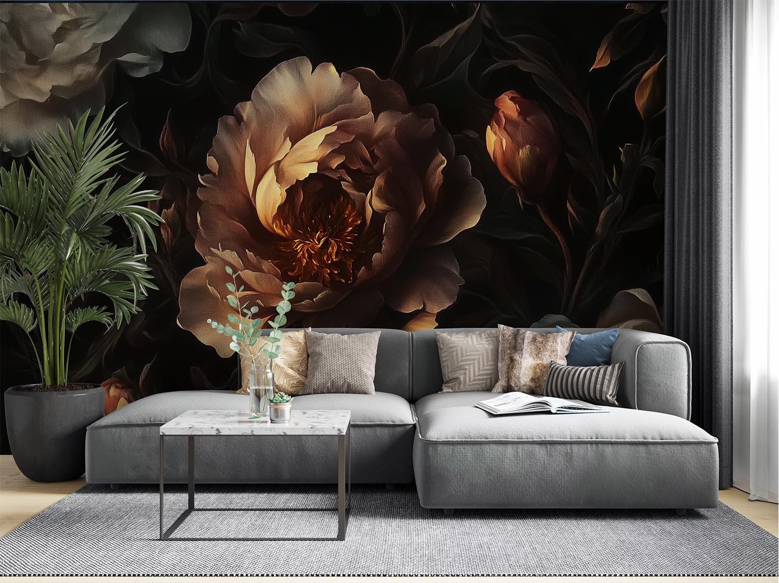 Dark Peony Baroque Floral Floral Wallpaper – room setting, Golden Era Walls