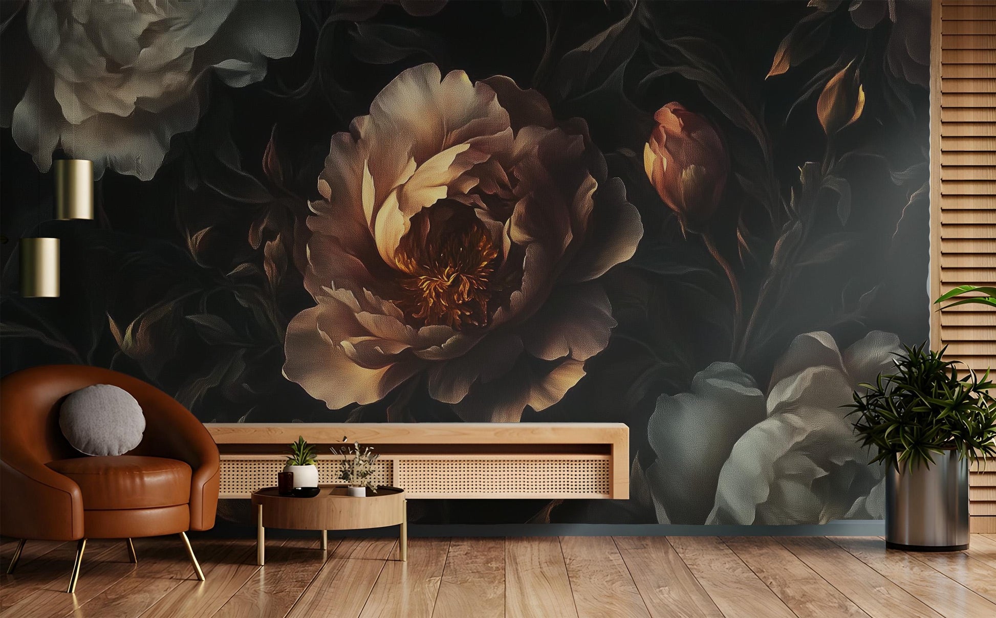 Dark Peony Baroque Floral Floral Wallpaper – lifestyle view, Golden Era Walls