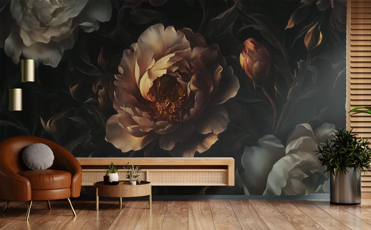 Dark Peony Baroque Floral Floral Wallpaper – lifestyle view, Golden Era Walls