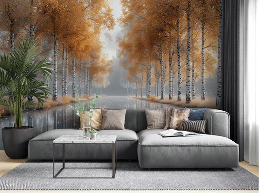 Autumn Birch Tree Golden Coastal Wallpaper – peel and stick wallpaper mural, Golden Era Walls