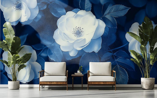 Blue White Rose Moody Floral Wallpaper – lifestyle view, Golden Era Walls