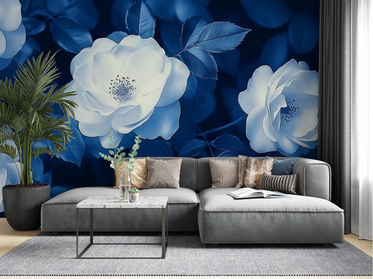 Blue White Rose Moody Floral Wallpaper – room setting, Golden Era Walls