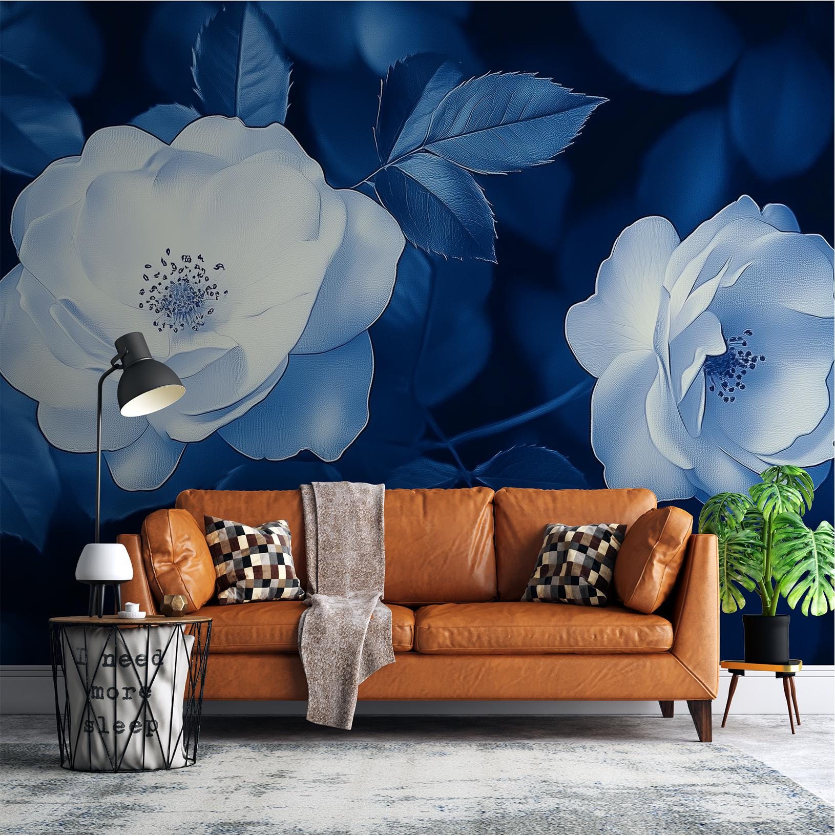 Blue White Rose Moody Floral Wallpaper – scale reference, Golden Era Walls