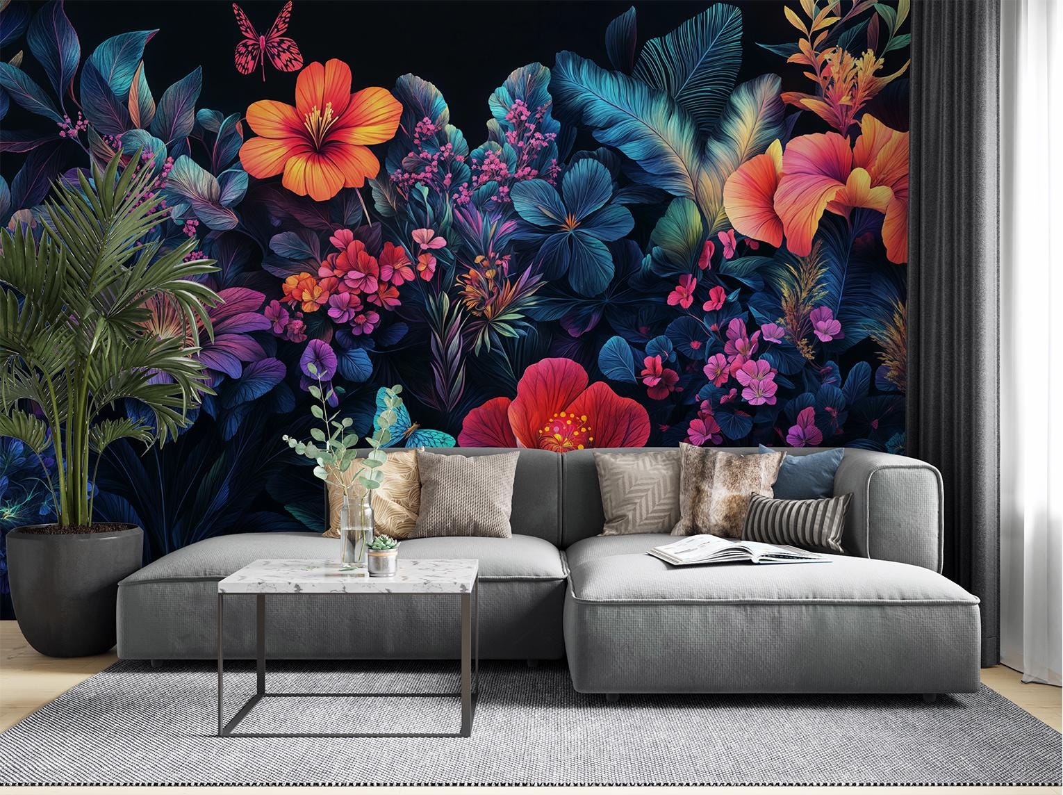 Boho Floral Tropical Jungle Floral Wallpaper – lifestyle view, Golden Era Walls