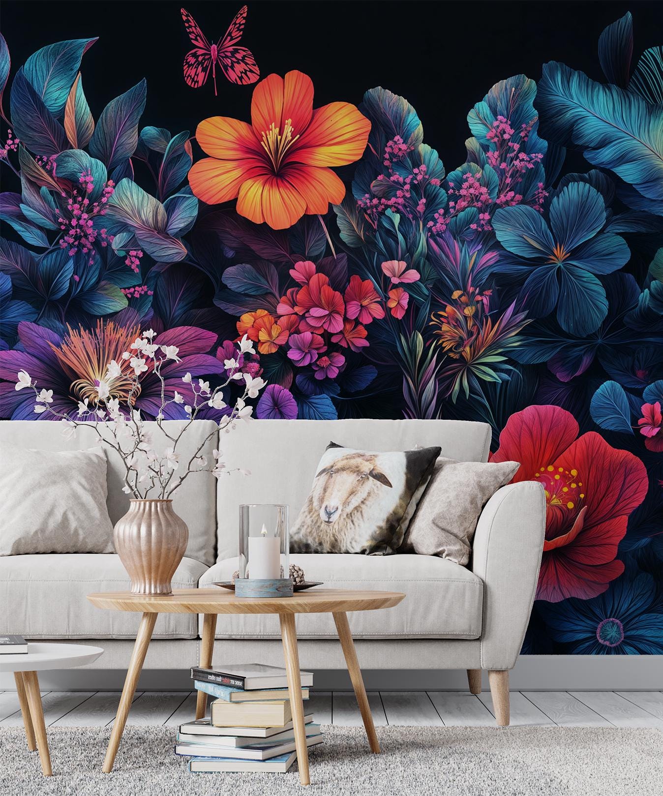 Boho Floral Tropical Jungle Floral Wallpaper – room setting, Golden Era Walls