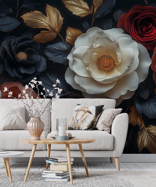 Dark Floral Luxe Baroque Floral Wallpaper – peel and stick wallpaper mural, Golden Era Walls
