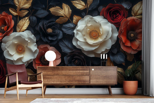 Dark Floral Luxe Baroque Floral Wallpaper – room setting, Golden Era Walls