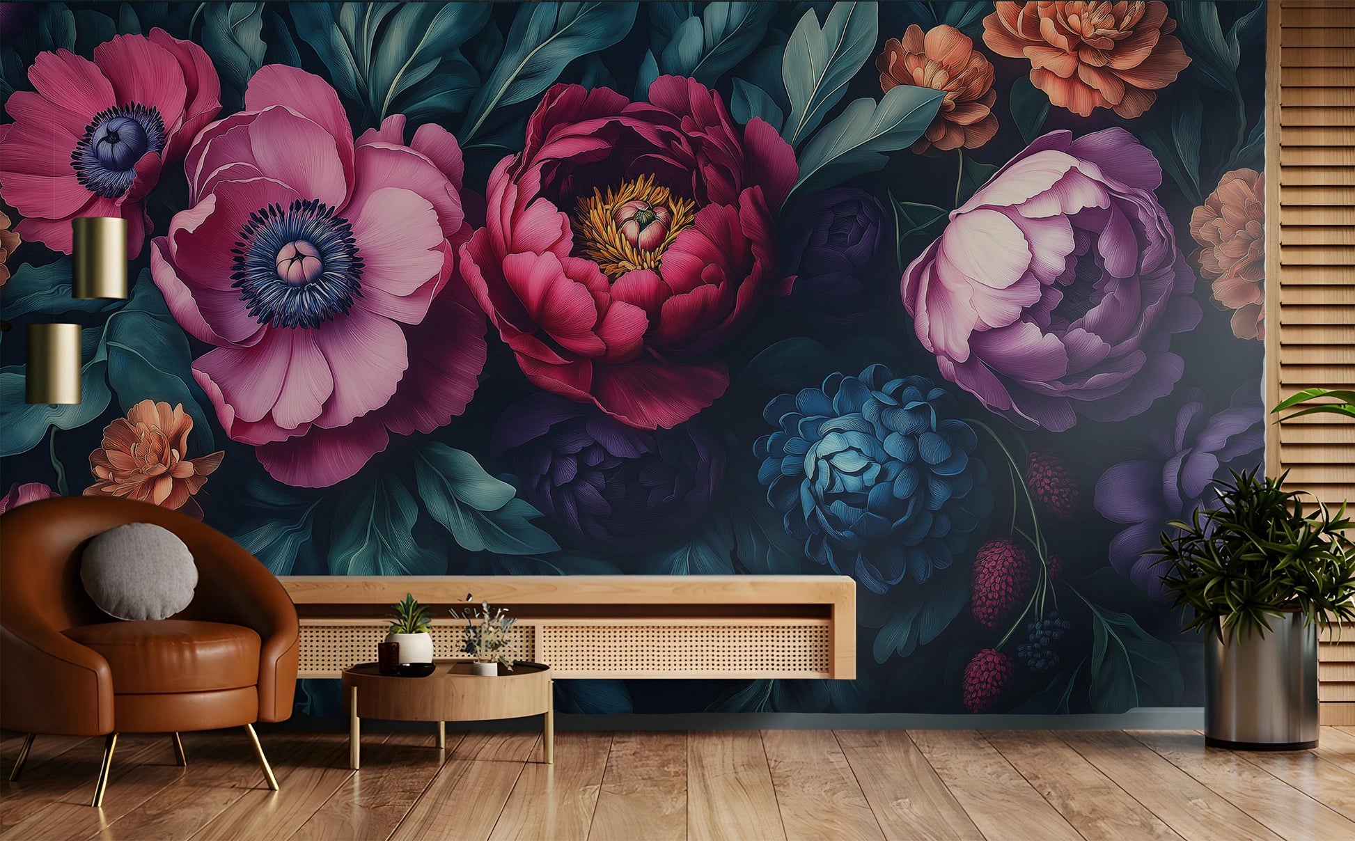 Dark Floral Moody Peony Floral Wallpaper – scale reference, Golden Era Walls