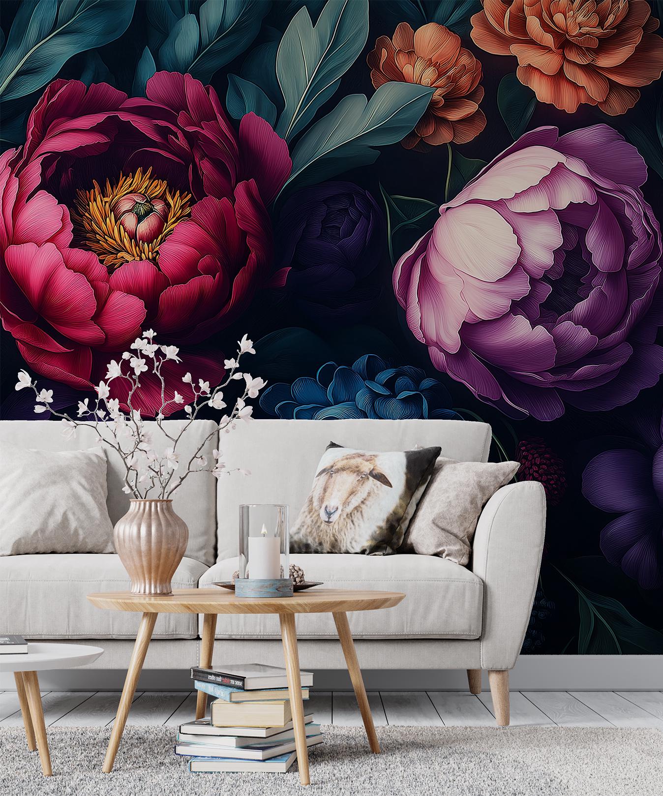Dark Floral Moody Peony Floral Wallpaper – lifestyle view, Golden Era Walls