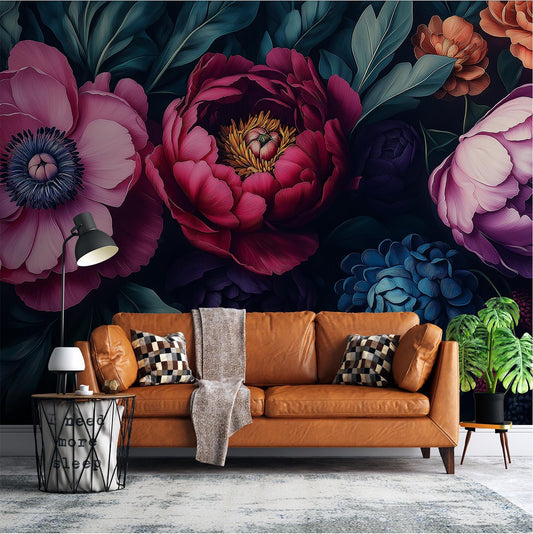 Dark Floral Moody Peony Floral Wallpaper – room setting, Golden Era Walls