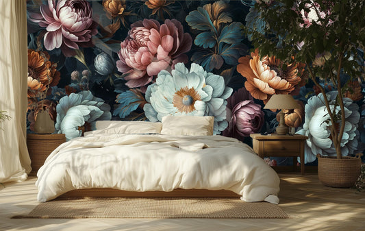 Dark Floral Vintage Peony Floral Wallpaper – detail view, Golden Era Walls