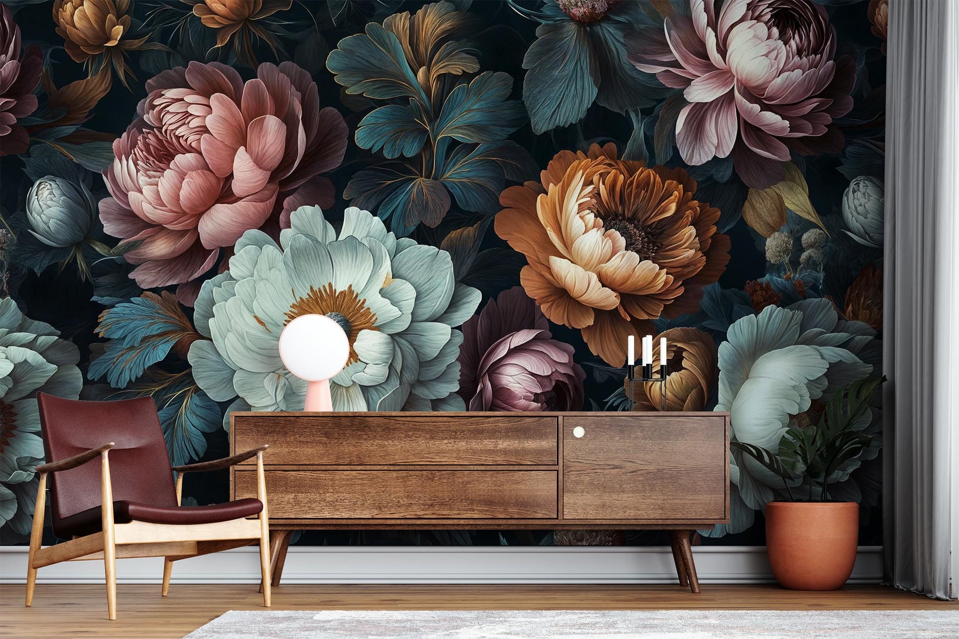 Dark Floral Vintage Peony Floral Wallpaper – scale reference, Golden Era Walls