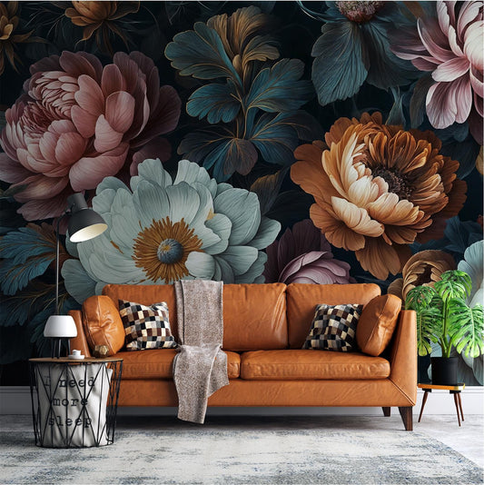 Dark Floral Vintage Peony Floral Wallpaper – room setting, Golden Era Walls