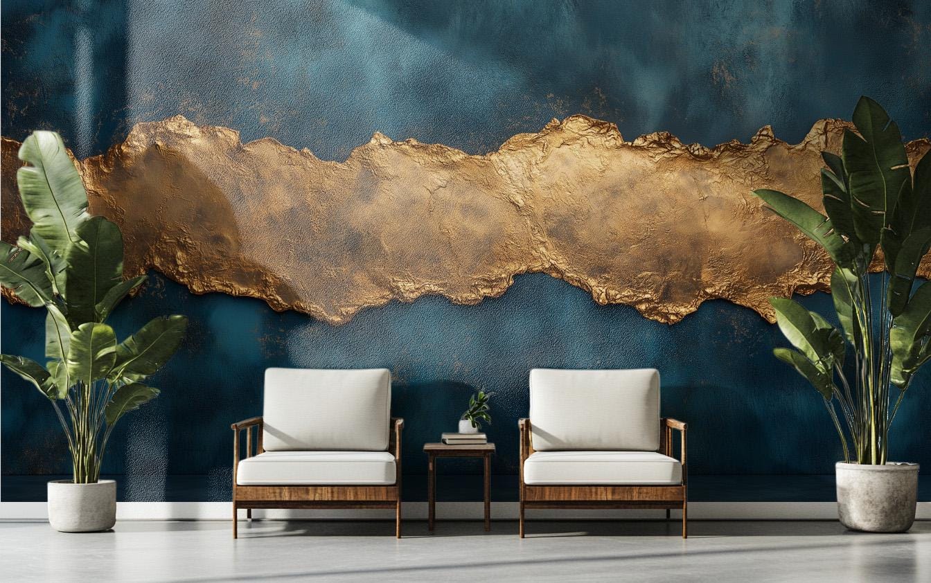 Gold Texture Abstract Blue Geometric Wallpaper – room setting, Golden Era Walls