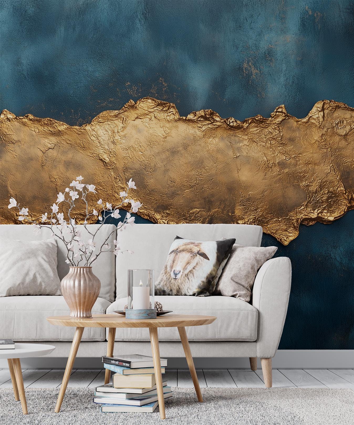 Gold Texture Abstract Blue Geometric Wallpaper – scale reference, Golden Era Walls