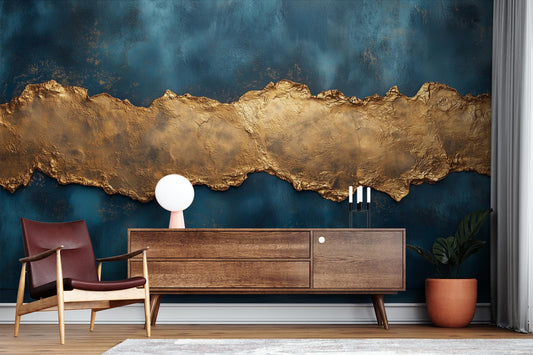 Gold Texture Abstract Blue Geometric Wallpaper – peel and stick wallpaper mural, Golden Era Walls