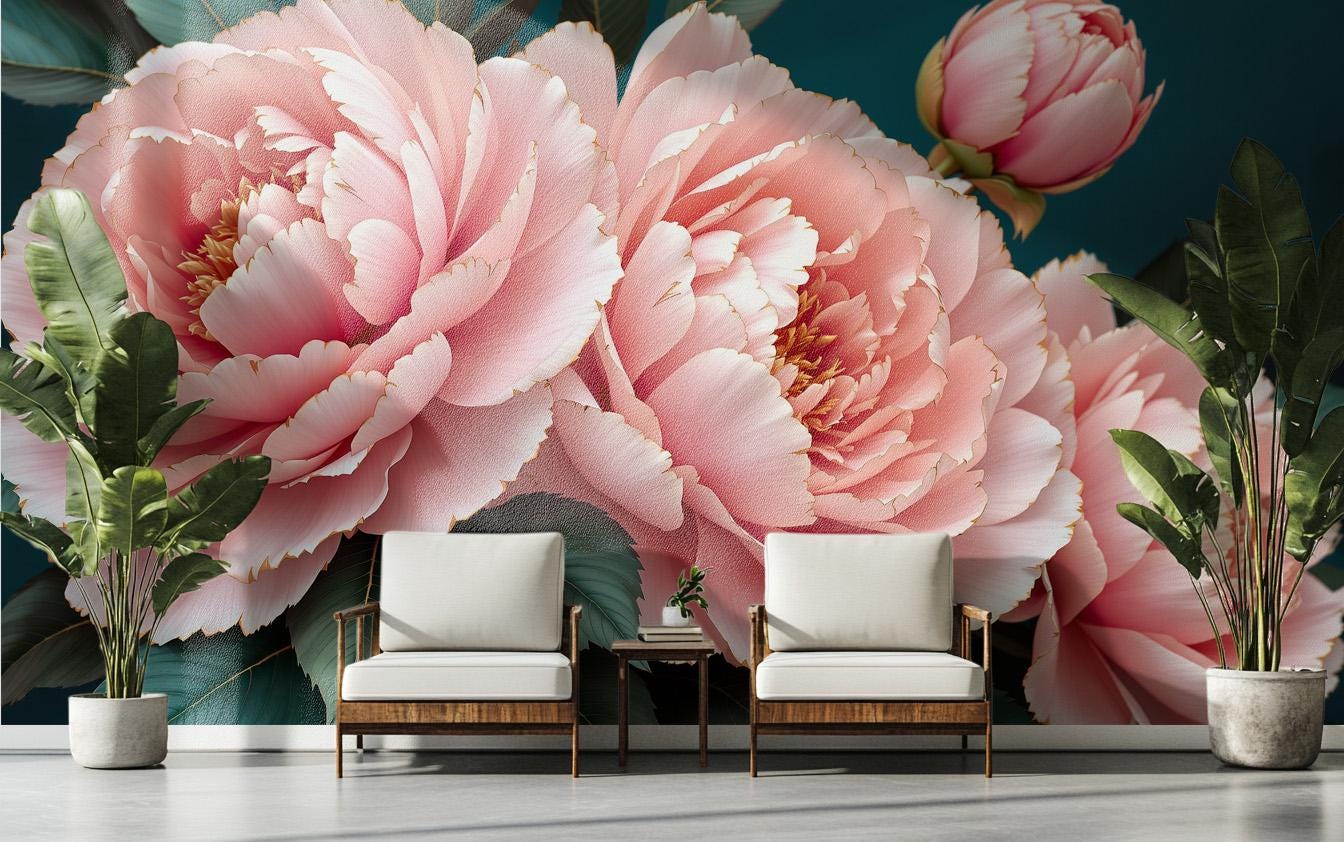 Pink Peony Luxury Floral Floral Wallpaper – room setting, Golden Era Walls