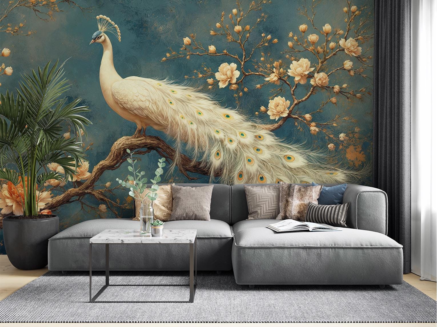 Chinoiserie Peacock Vintage Botanical Floral Wallpaper – peel and stick wallpaper mural, Golden Era Walls