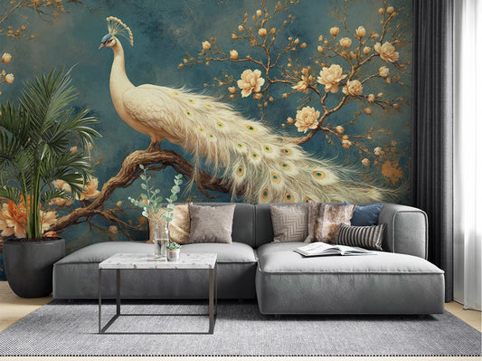 Chinoiserie Peacock Vintage Botanical Floral Wallpaper – peel and stick wallpaper mural, Golden Era Walls
