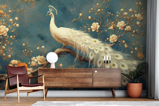 Chinoiserie Peacock Vintage Botanical Floral Wallpaper – detail view, Golden Era Walls