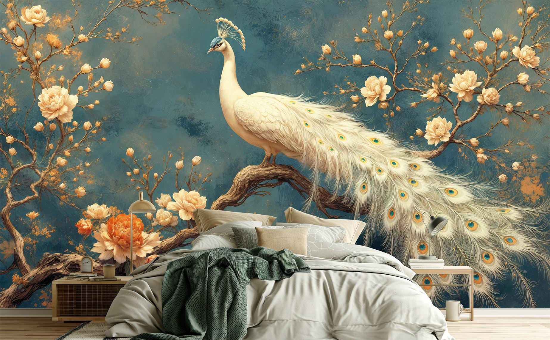 Chinoiserie Peacock Vintage Botanical Floral Wallpaper – room setting, Golden Era Walls