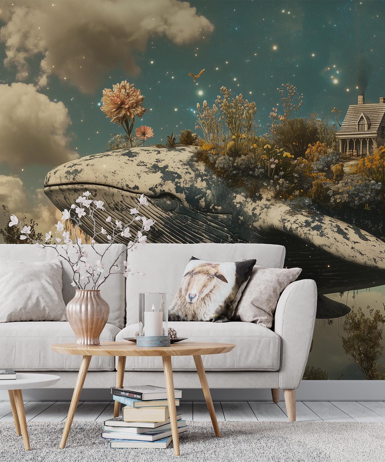 Fantasy Whale Surreal Cottage Wallpaper – detail view, Golden Era Walls
