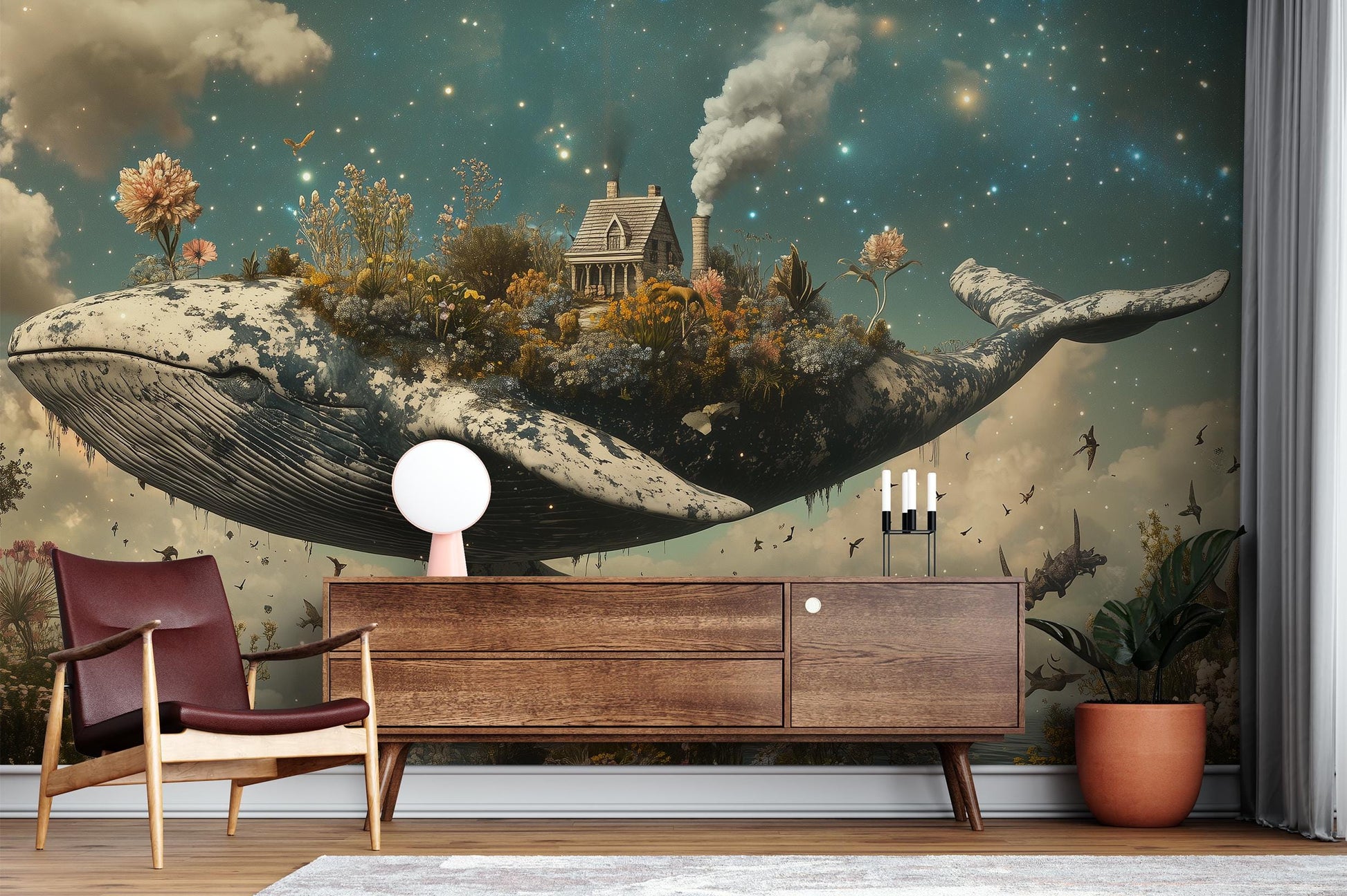 Fantasy Whale Surreal Cottage Wallpaper – peel and stick wallpaper mural, Golden Era Walls