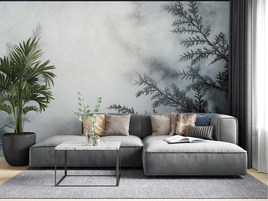 Foggy Forest Ethereal Mist Geometric Wallpaper – lifestyle view, Golden Era Walls