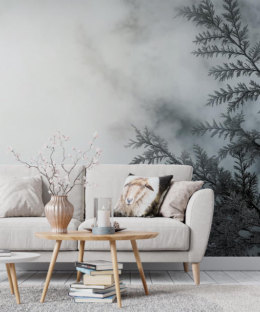 Foggy Forest Ethereal Mist Geometric Wallpaper – peel and stick wallpaper mural, Golden Era Walls