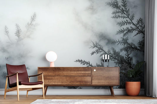 Foggy Forest Ethereal Mist Geometric Wallpaper – detail view, Golden Era Walls