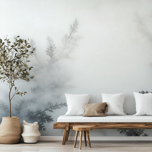 Foggy Forest Ethereal Mist Geometric Wallpaper – room setting, Golden Era Walls
