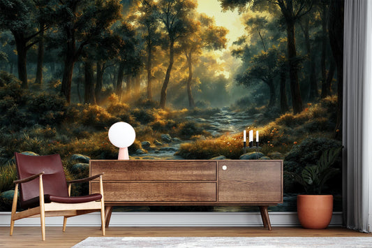Golden Forest Stream Tranquil Wallpaper – peel and stick wallpaper mural, Golden Era Walls