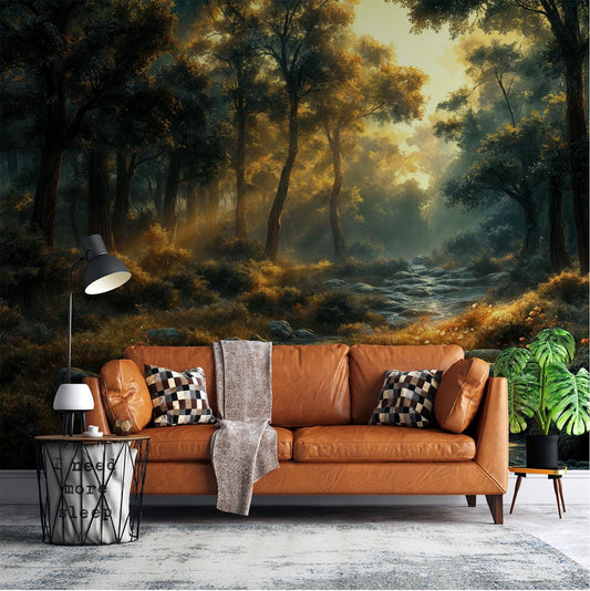 Golden Forest Stream Tranquil Wallpaper – room setting, Golden Era Walls