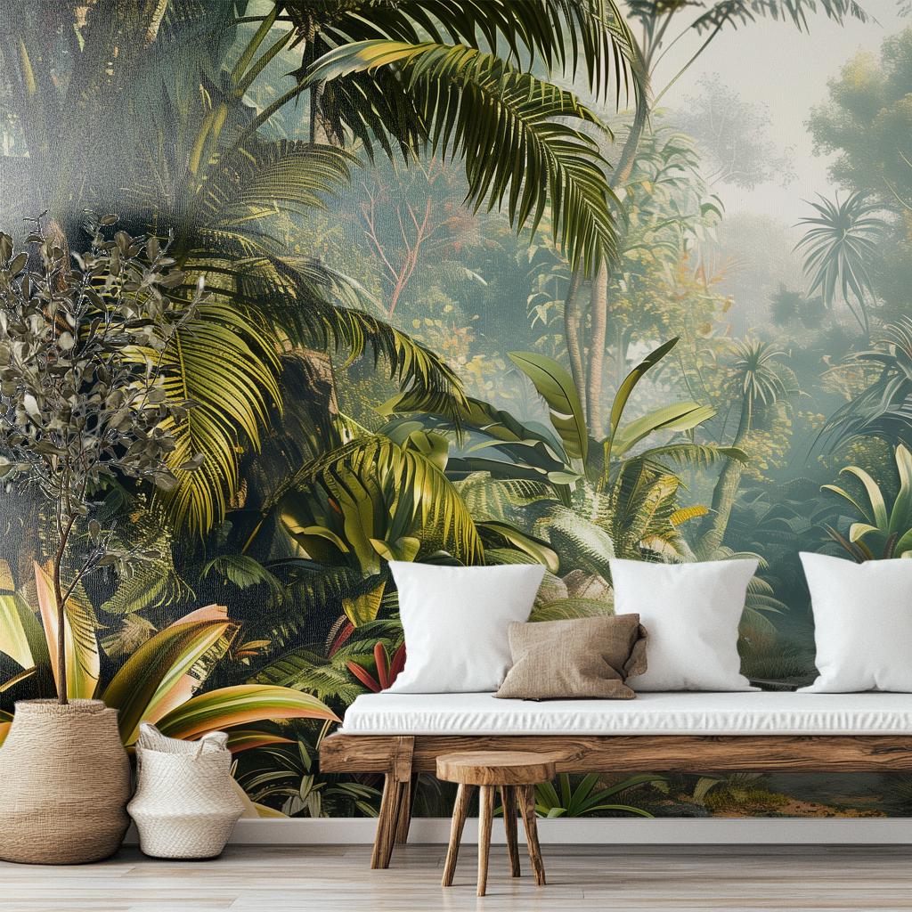 Tropical Rainforest Lush Green Tropical Wallpaper – room setting, Golden Era Walls