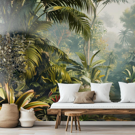 Tropical Rainforest Lush Green Tropical Wallpaper – room setting, Golden Era Walls