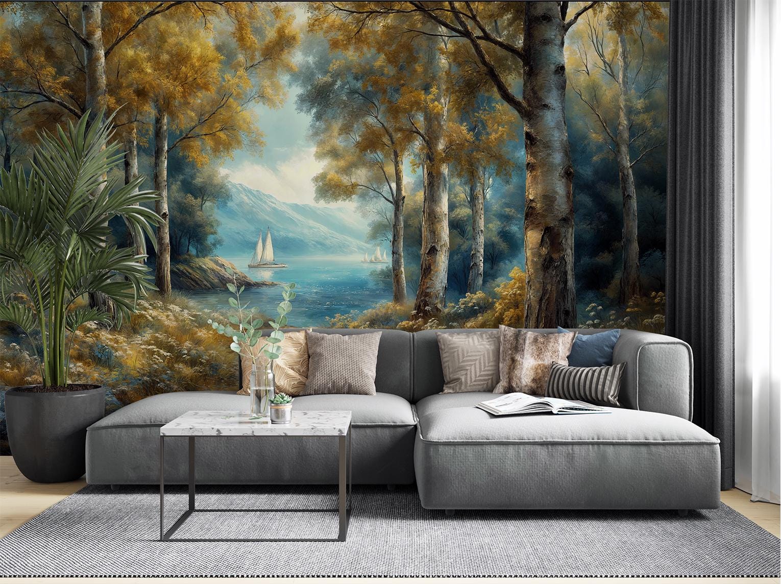 Watercolor Lakeside Forest Tranquil Coastal Wallpaper – detail view, Golden Era Walls