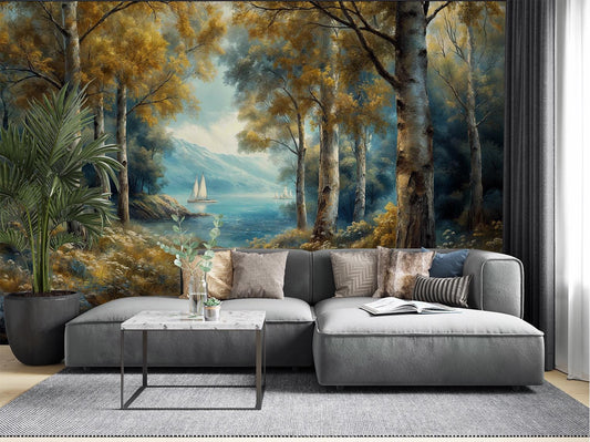 Watercolor Lakeside Forest Tranquil Coastal Wallpaper – detail view, Golden Era Walls