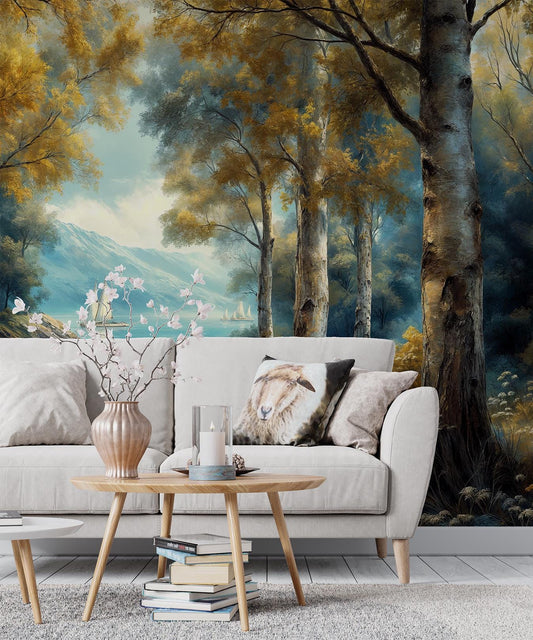 Watercolor Lakeside Forest Tranquil Coastal Wallpaper – lifestyle view, Golden Era Walls