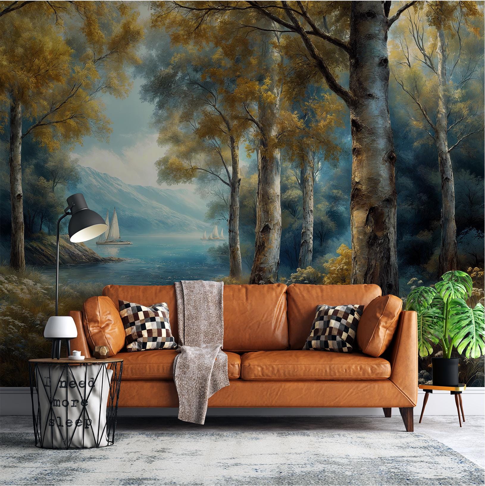 Watercolor Lakeside Forest Tranquil Coastal Wallpaper – scale reference, Golden Era Walls
