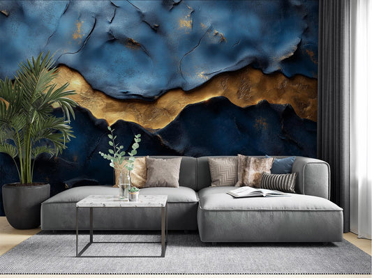 Blue Gold Abstract Textured Geometric Wallpaper – lifestyle view, Golden Era Walls