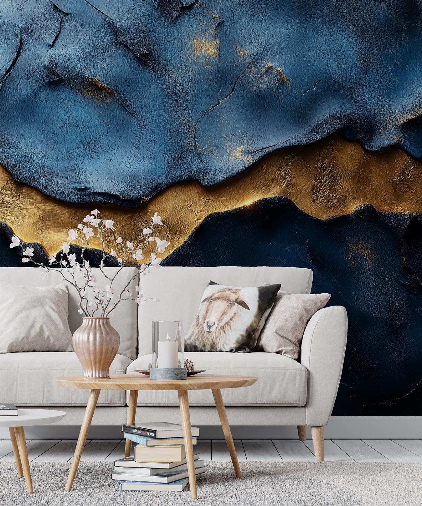 Blue Gold Abstract Textured Geometric Wallpaper – scale reference, Golden Era Walls
