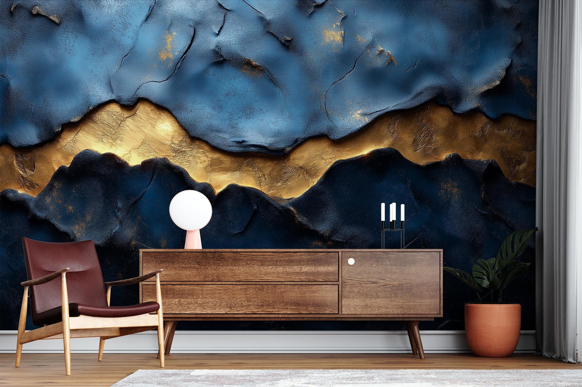 Blue Gold Abstract Textured Geometric Wallpaper – peel and stick wallpaper mural, Golden Era Walls