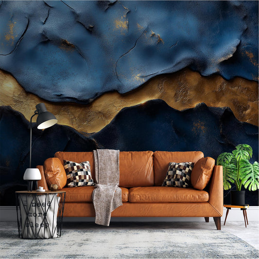 Blue Gold Abstract Textured Geometric Wallpaper – detail view, Golden Era Walls
