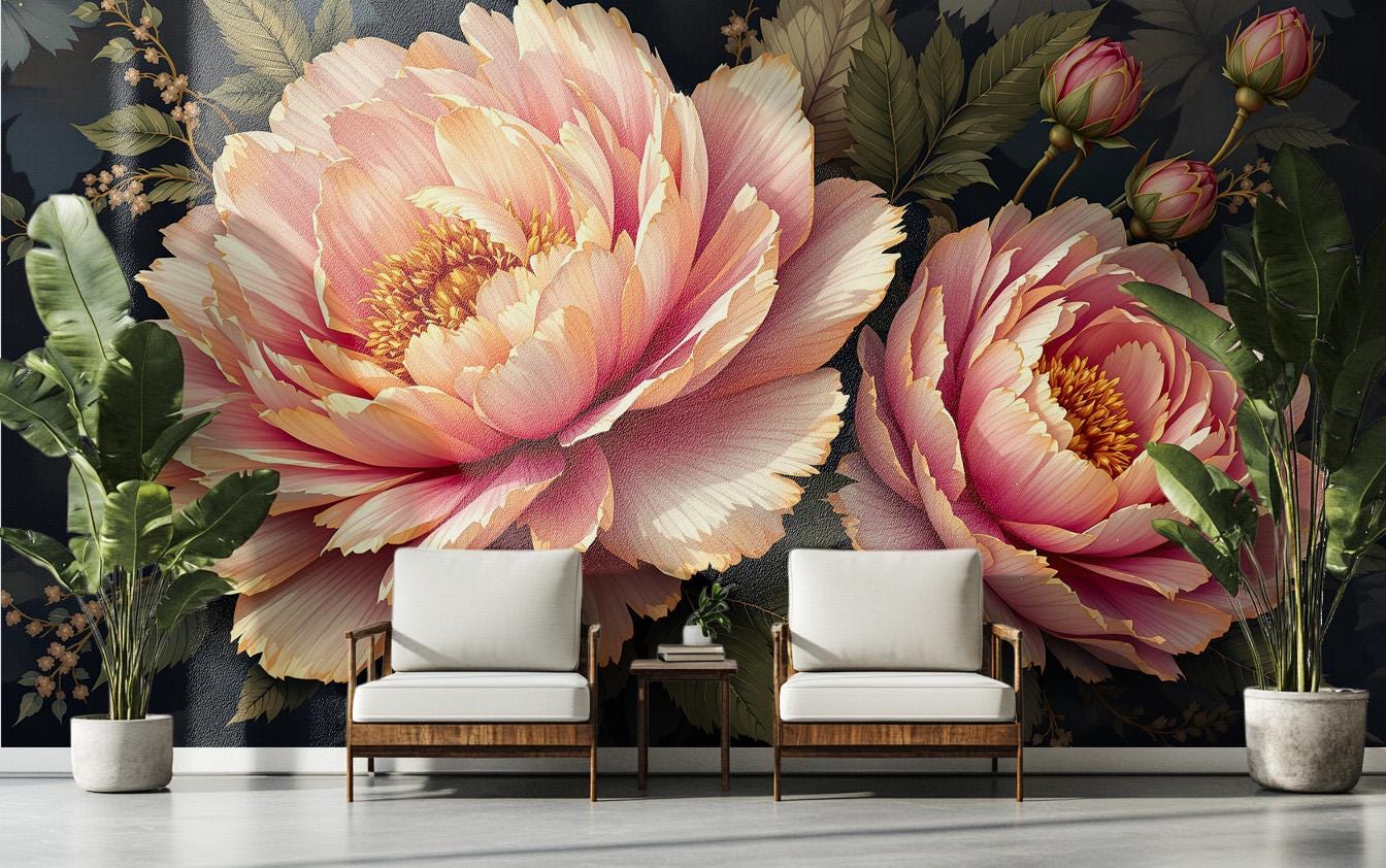 Luxury Peony Floral Dark Floral Wallpaper – room setting, Golden Era Walls