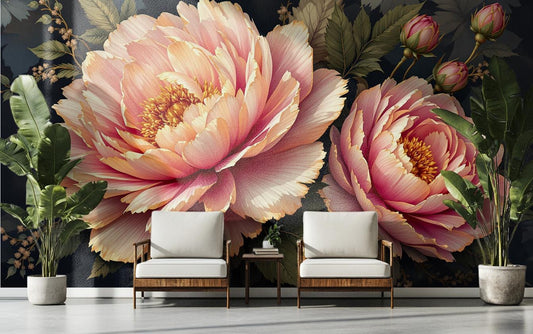 Luxury Peony Floral Dark Floral Wallpaper – room setting, Golden Era Walls