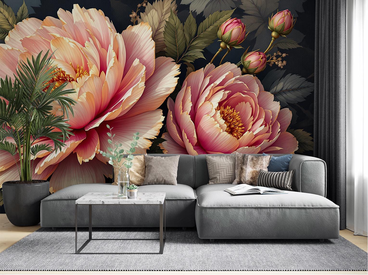 Luxury Peony Floral Dark Floral Wallpaper – scale reference, Golden Era Walls