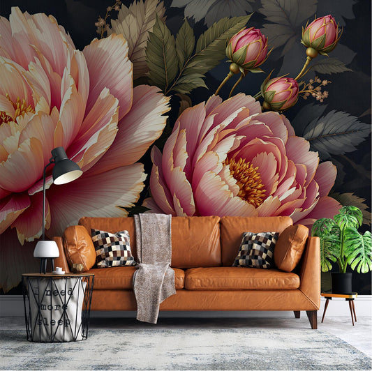 Luxury Peony Floral Dark Floral Wallpaper – lifestyle view, Golden Era Walls
