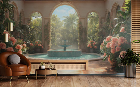 Mediterranean Garden Elegant Courtyard Floral Wallpaper – lifestyle view, Golden Era Walls